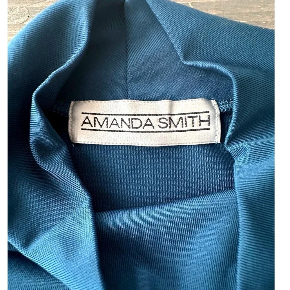 Vintage Amanda Smith Blue Mock‎ Neck Short Sleeve Stretch Top Women's Size M NWT